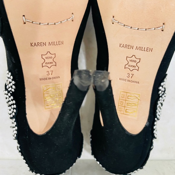 KAREN MILLEN {6} Black Silver Beaded Pumps Peep Toe Stiletto - Picture 13 of 16